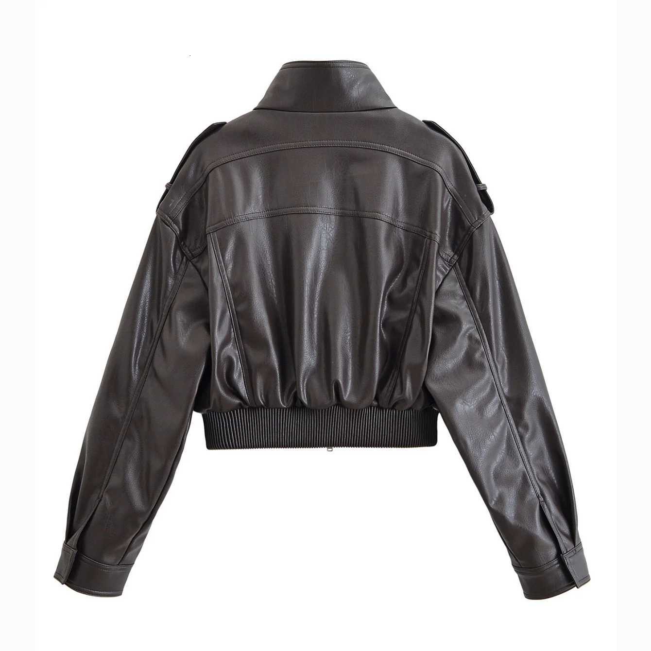 Women Autumn Winter Vintage Faux Leather Jackets Coat Pockets Loose Stand Collar Long Sleeve Zipper Coat Lady Chic JacketT251017