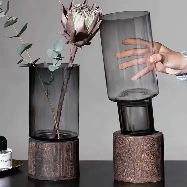 Vases Simple European Hydroponic Plant Household Living Room Table Inserted Flower Wood Base Transparent Glass Vase Home Decor C251017