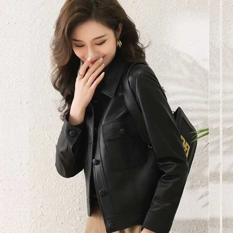 Korean Women Large Size 4XL PU Leather Jacket 2025 Femme Highgrade Faux Leather Coat Spring Autumn Lady Long Sleeve Leather TopT251017