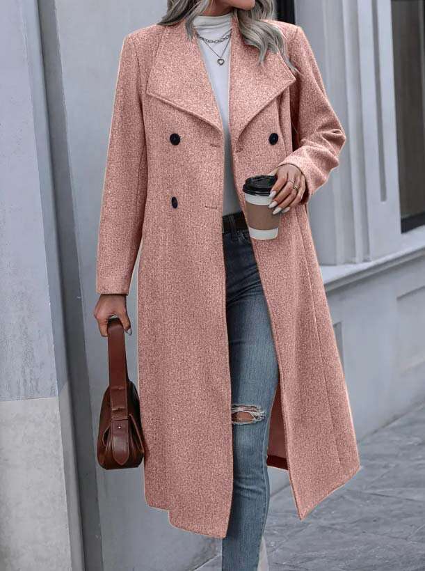 Women's Autumn Winter Woolen Coat Fashion Casual Turn-Down Collar Double-Breasted Windproof Long Slim-Fit Jacket For Women B5