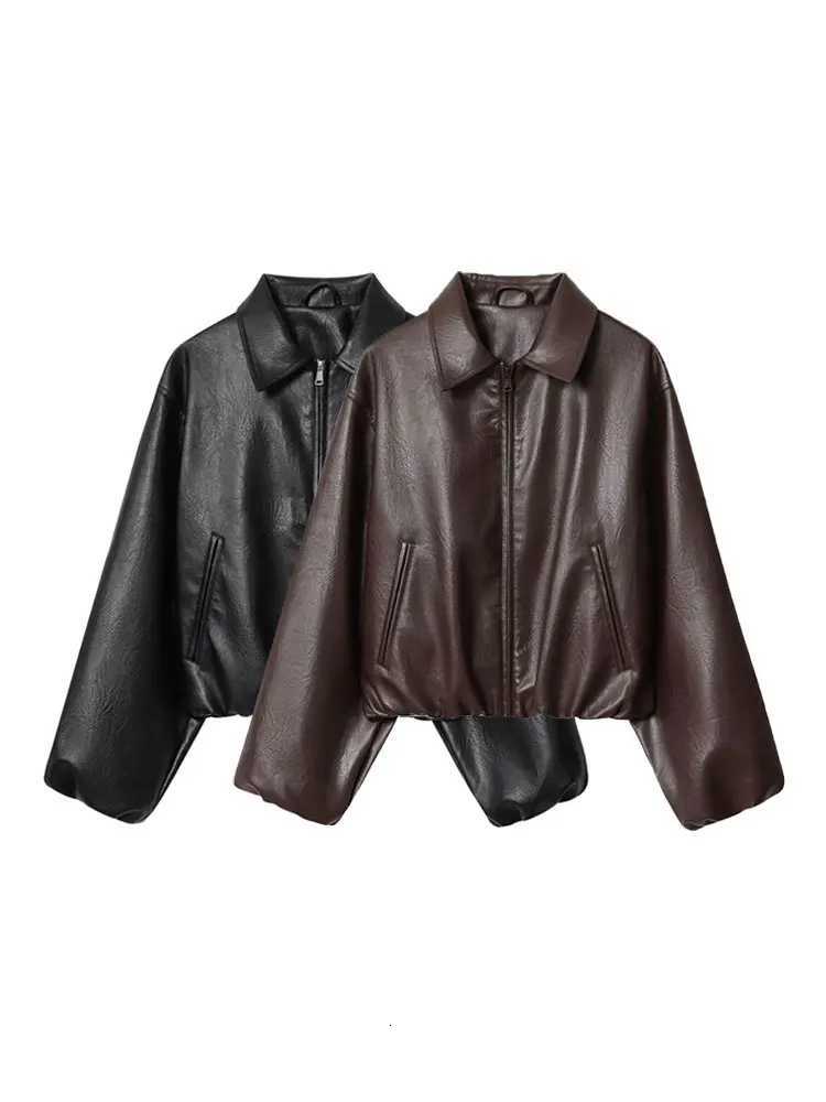 Womens Faux Leather Bomber Jacket Long Sleeve Chic Outerwear Elastic Hem Female Fashion TopT251017