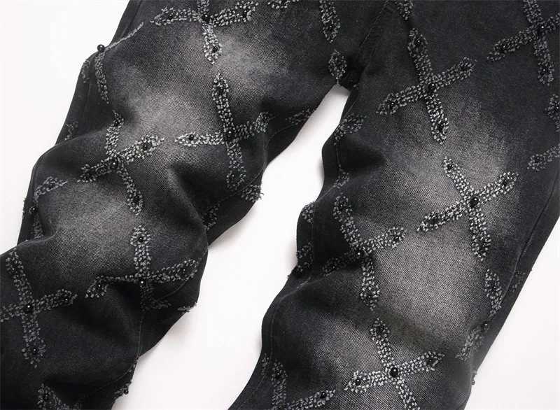 Mens Punk Nail Black Denim Jeans Straight Loose Pants Fashion Street Trend Y251105