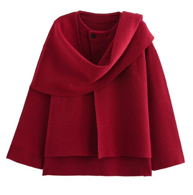 Women's Elegant Woolen Short Coat with Contrasting Scarf Collar Long Sleeves,and Loose Fit - Chic Autumn Lady Outerwear 241218