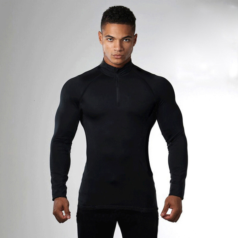 Solid Color Stand Collar Zipper T-Shirt Men Fitness Running Sports Long Sleeve Base Shirt Autumn Stretch Tight-Fitting Trendy