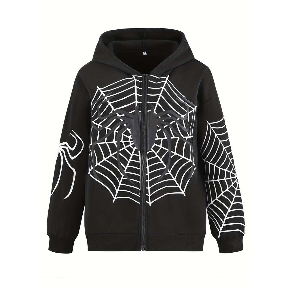 Y2k Long Sleeve Spider Web Print Zip-Up Hoodie, Women's Clothing Spider web print loose zip Y2K casual women's hooded cardigan