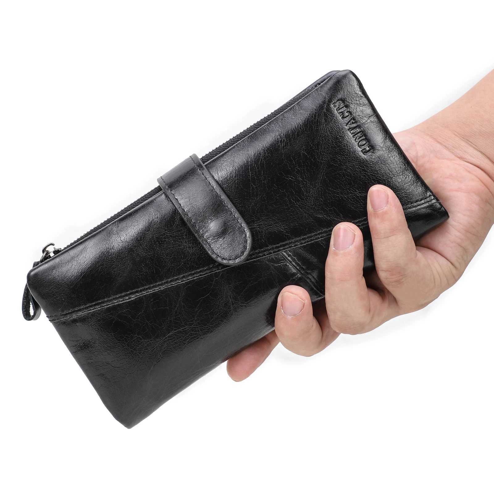 CONTACTS Genuine Leather Mens Long Wallet With Phone Bag Zipper Coin Pocket Purse Male Clutch Wallets For Men Portfel SmallW251017