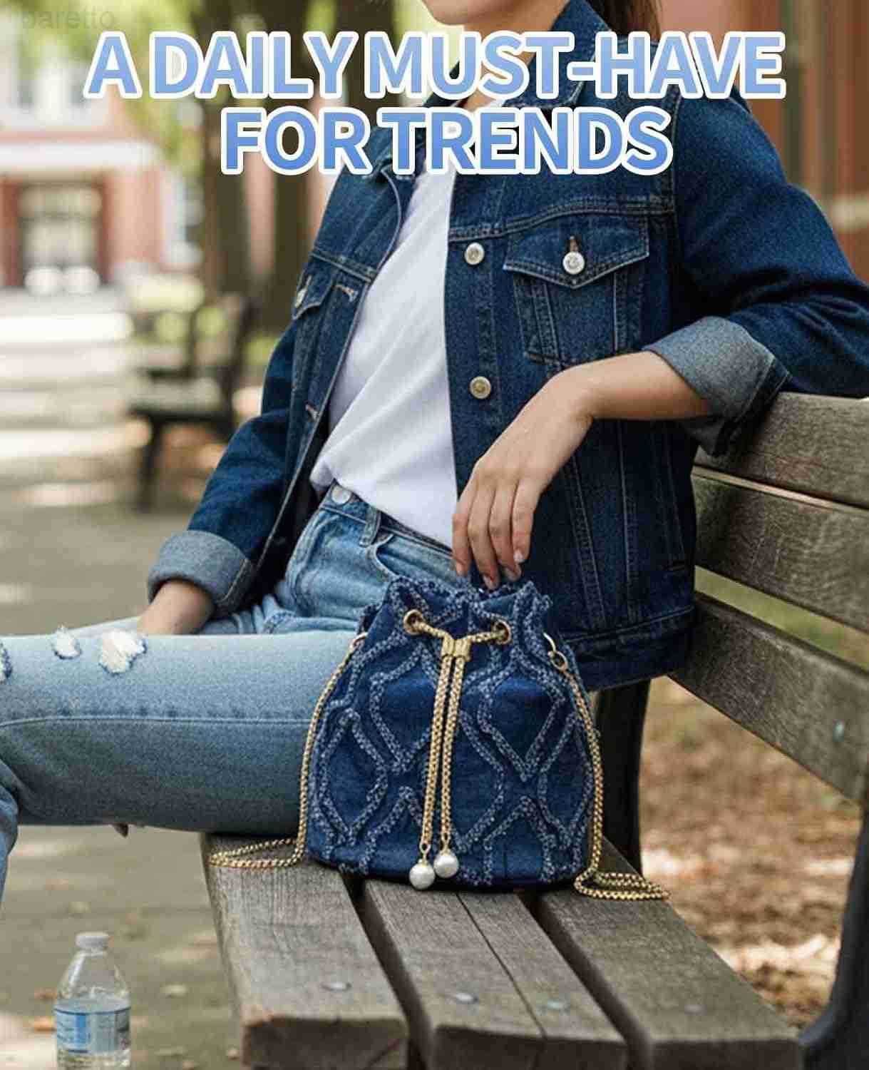 Jean Purses for Women Denim Quilted Drawstring Crossbody Bags Bucket Blue Z251017