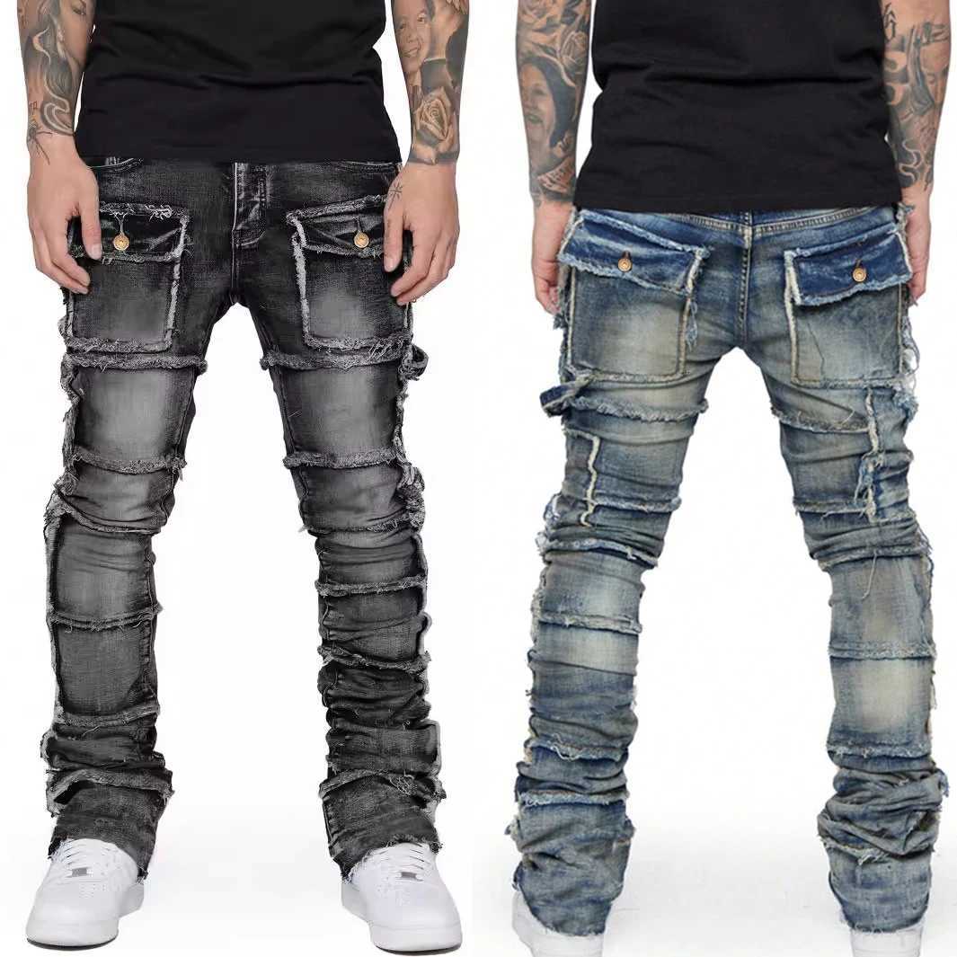 2025 Trendy Men Jeans European 1 Fashionable Workwear with Patch Elastic Laminated and Slightly Flared Men Denim Pants Y251105