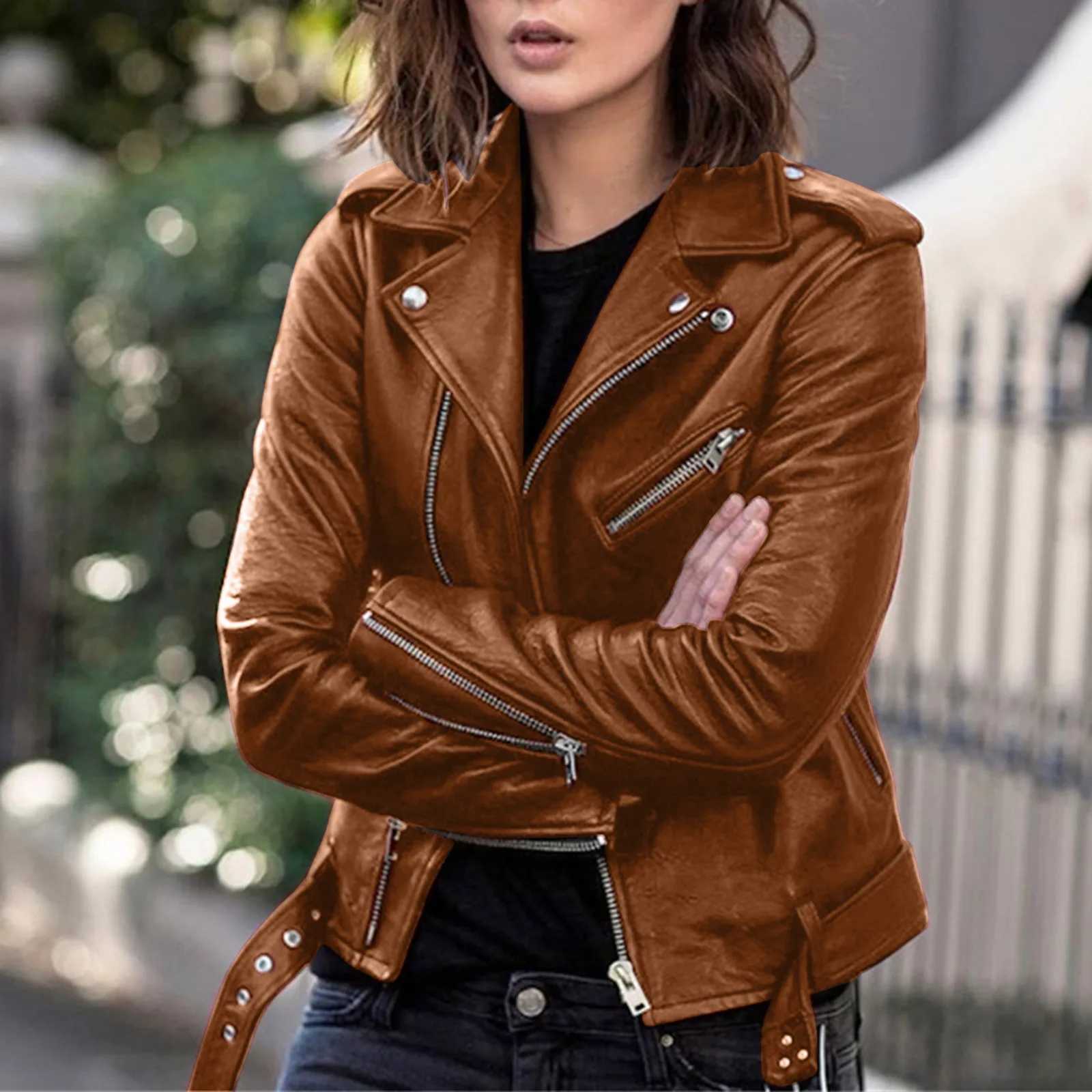 Women Streetwear Faux Leather Jackets Asymmetrical Belted Slim Fit Bomber Jackets Outwear Vintage Lapel Zip Up Motorcycle CoatsT251017