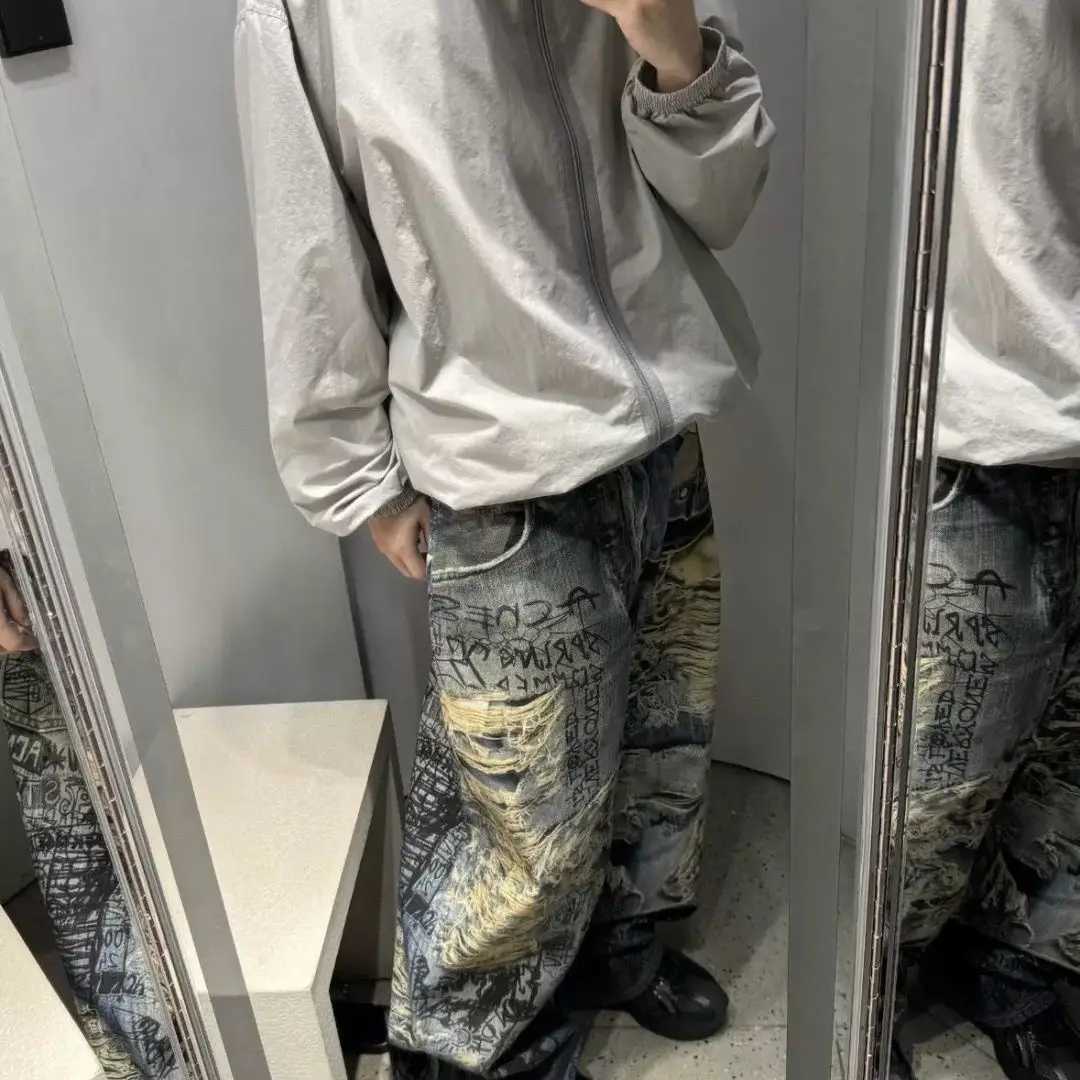 1 Plus Size Design Sense Color Printing Jeans New High Street Punk Hole Dirty Mop Pants Straight Pants for Men and Women Y251105