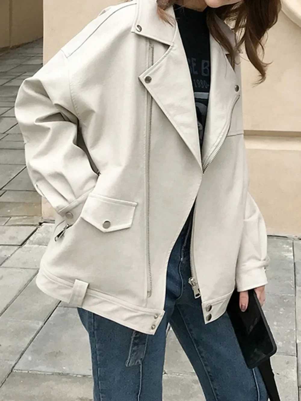 PU Loose Motorcycle Jackets Female Faux Leather Jacket Women Casual Streetwear Oversized Coat Korean Chic New SpringT251017