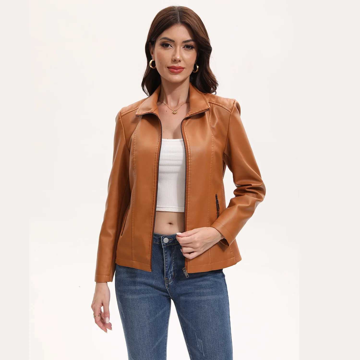 New In 2025 Fashion Womens Pu Leather Jacket Ladies Autumn Winter Solid Color Zipper Black CoatsT251017