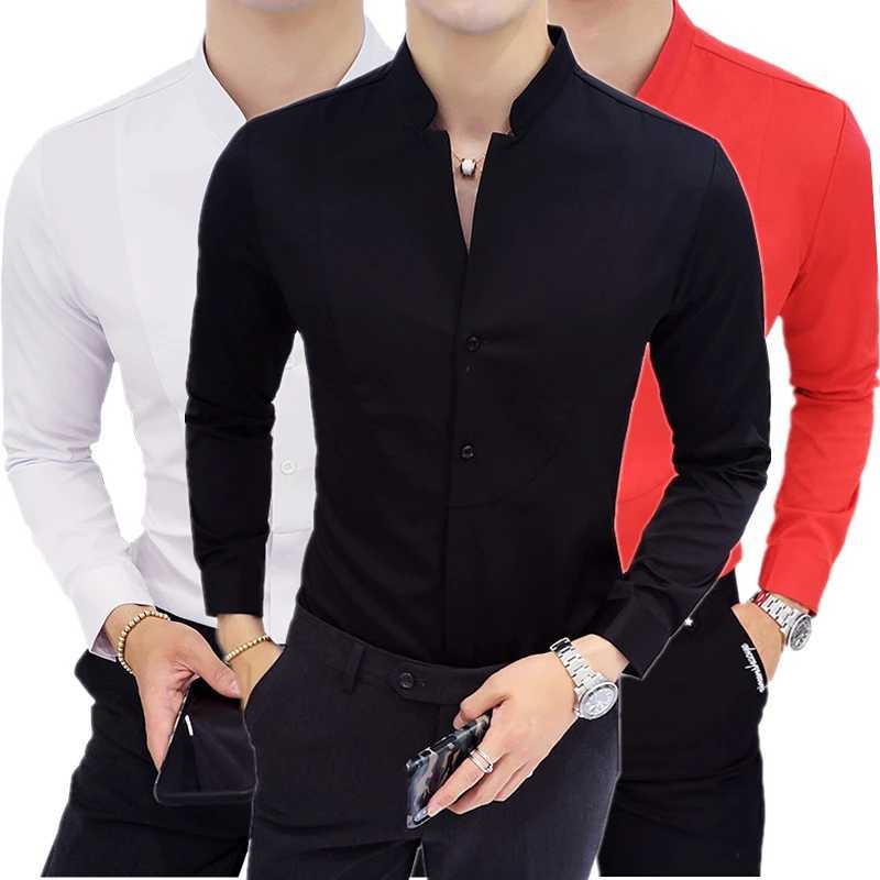 Black Male Stretch Long Sleeve ShirtsMens High Quality Stand Collar Pure Slim Fit Business Shirt Red White Camisa Man Chemise J251017