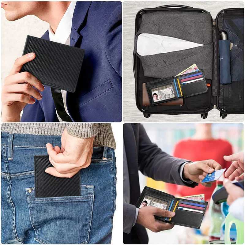 Slim Minimalist TriFold Wallet Carbon Fiber RFID Blocking Mens Wallet With ID Window and 9 Card SlotsW251017
