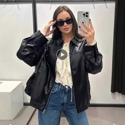 Women Faux Leather Coats Solid Jackets Zipper Pocket Turn Down Collar Long Sleeves Slight Strech Loose Office Lady 2025 AutumnT251017