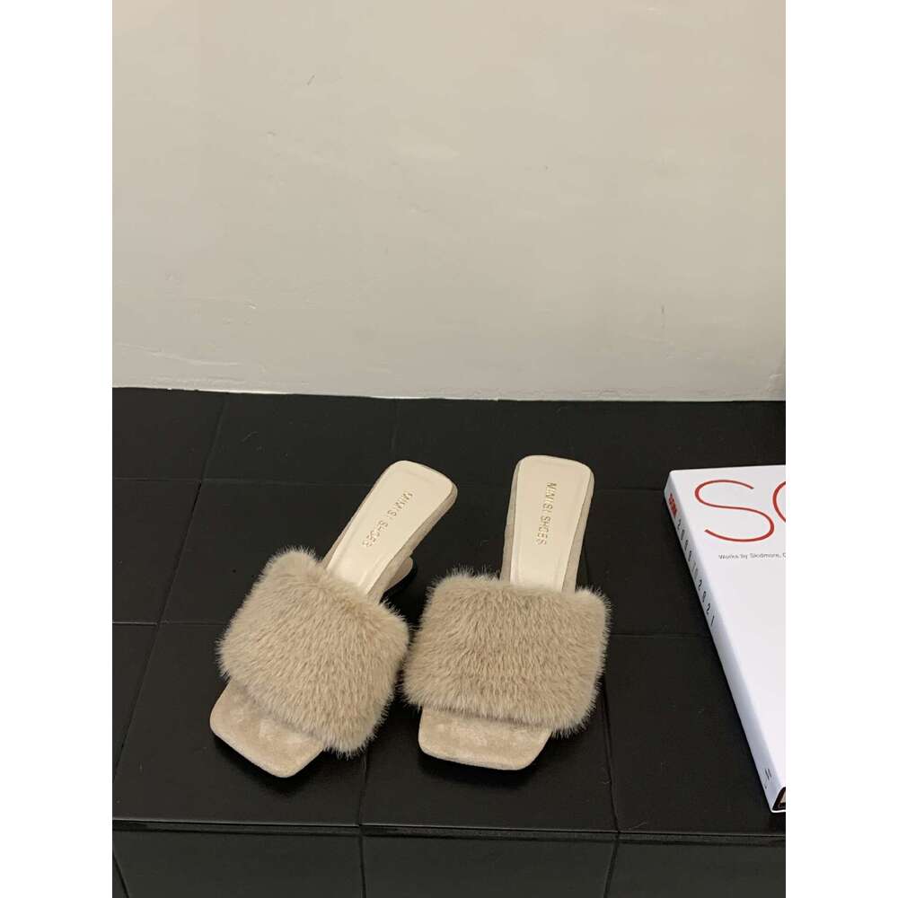 French Style Furry Wedge Designer Shoe - 2025 Autumn New Women's Slippers, Square Open-Toe & Warm for Outdoor Autumn Wear