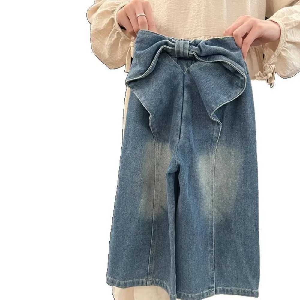 Korean Version Fashion Casual Girl Denim Wide Leg Pants with Big Bow Design Street Style Versatile for 37 Years Old in SummerT251017