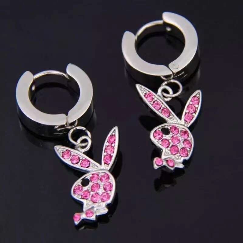Sparkly Bunny Charm Hoop Earrings New Stainless Steel Rabbit Punk Style Necklace Hip-hop Bunny Earrings
