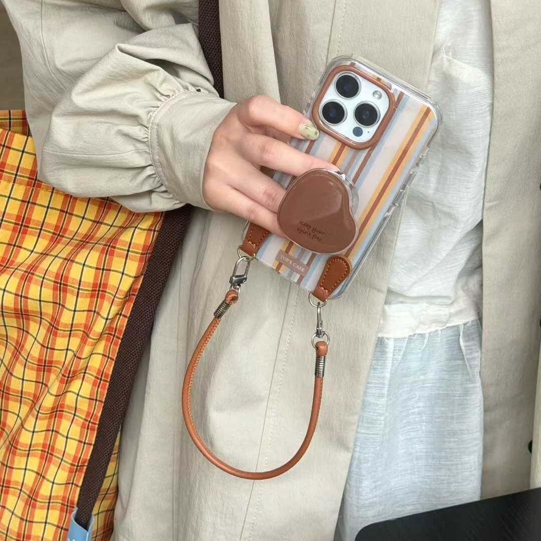Autumn Winter Color-Block Striped Compatible with iPhone 17 Leather Lanyard Pro Max Apple 16 Phone Case 15 Women 14