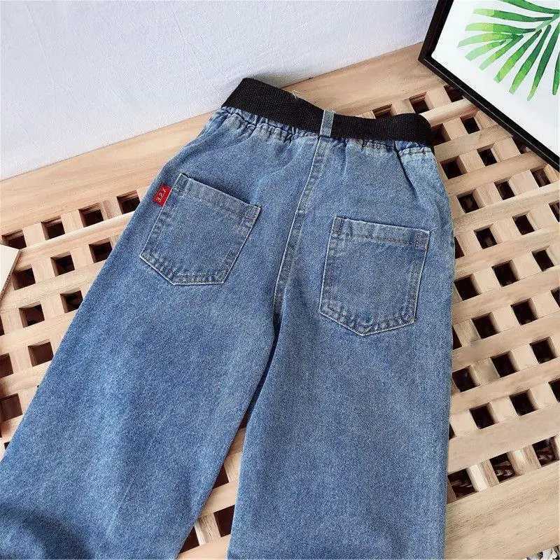 New Girl Denim Trousers Children Jeans for Girls Autumn Solid Color Elastic Waist Loose Denim Jeans Wide Leg Pants for Teen KidsT251017