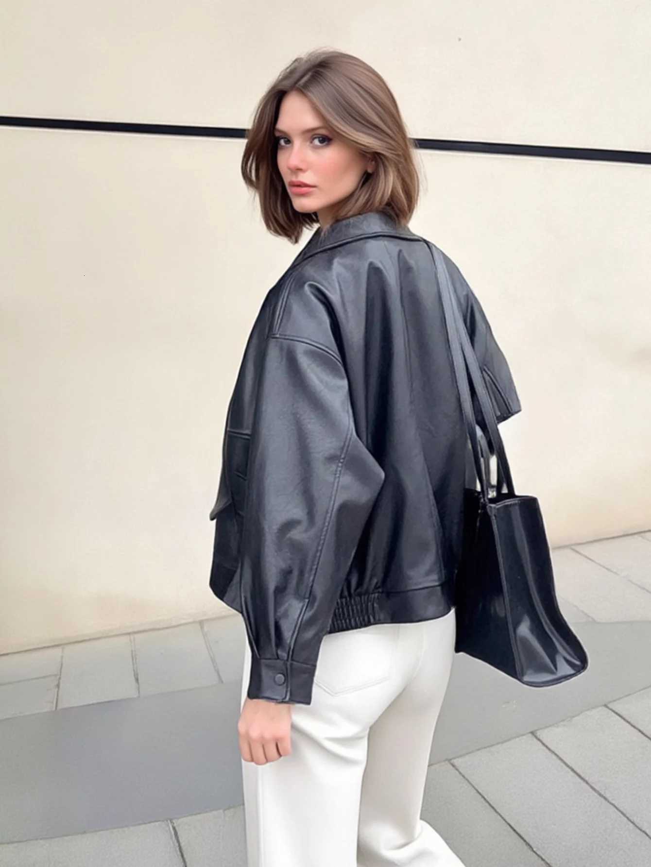 Womens Stylish PU Leather Jacket Lightweight Spring Fall OuterwearT251017