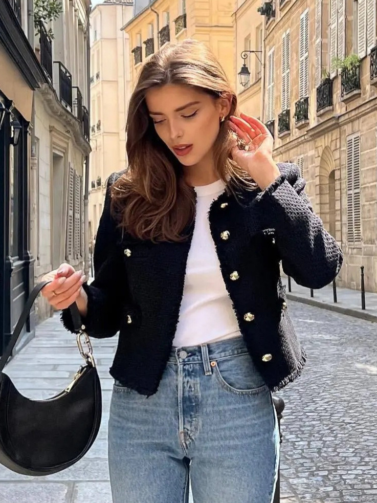 Bestseller Women Camel Elegant Tweed Cropped Jacket Autumn Button Frayed Long Sleeve Jackets Female Fashion O-neck Pocket Short Coats 240708 ddmytues