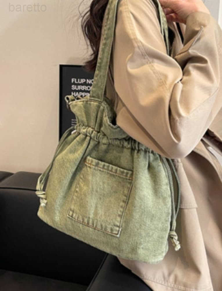 Denim Canvas Tote Bag Women Drawstring Bucket Crossbody Shoulder Purse Lightweight Handbag Trendy Commute Travel Bag Z251017
