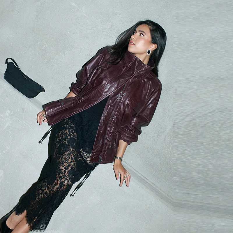 Fashion Stand Collar Pu Leather Red Jacket Long Sleeve Waist Cinching Pocket Coats 2025 Autumn Lady Chic High Street OuterwearT251017