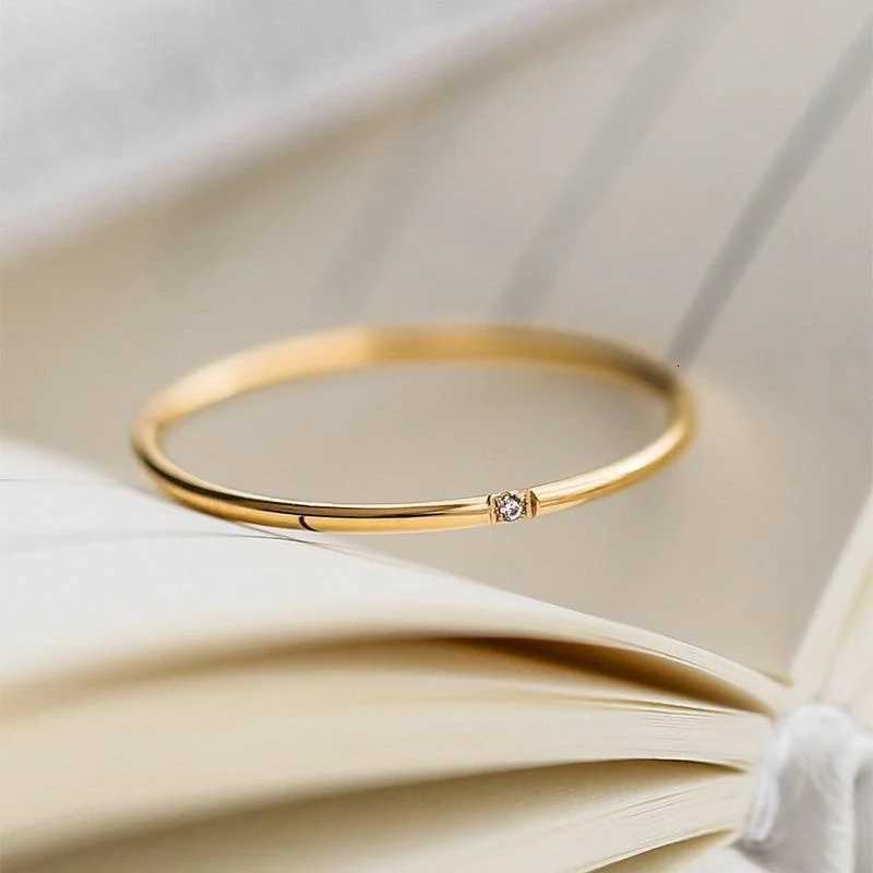 1mm Thin Stainless Steel CZ Plated Paved Tiny Zircon Stackable Ring Golden Color Wedding Band for Women Girl Ring JewelryW251017