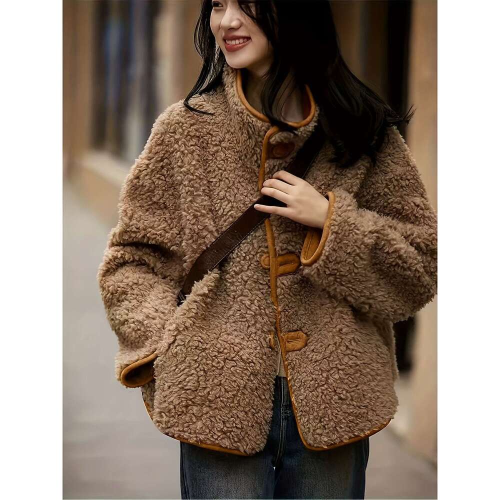 Shein Men's Jackets New Reversible Faux Fashionable Short Warm Versatile Stand Collar, High-Quality Coat, Fleece Cardigan, Fur Jacket, Women'