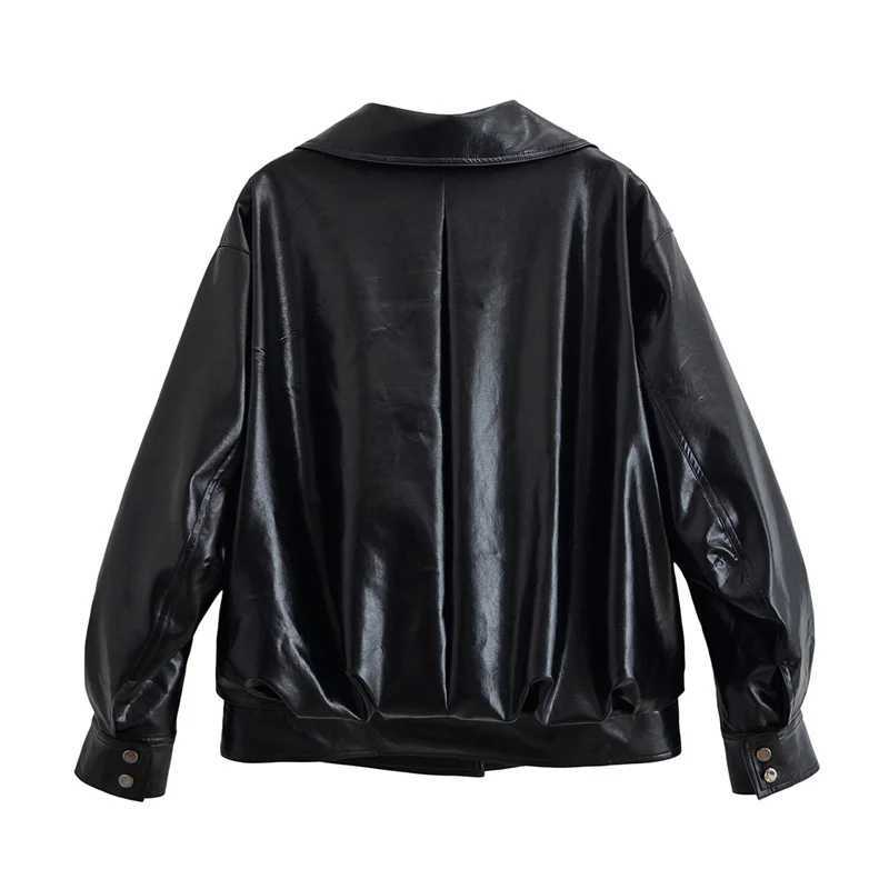 Womens Coat 2025 Autumn New Style Black Longsleeve Synthetic Faux Leather Shiny Motorcycle Jacket Casual Fashion PersonalityT251017