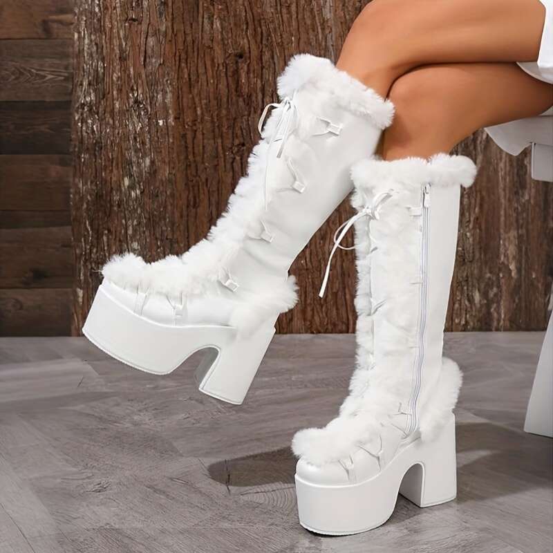 Women's Warm Stylish Snow Knee Boots Faux Fur Fuzzy Round Toe Chunky Block High Heel Lace Up Thick Bottom Platform Wedges Fashionable Comfortable