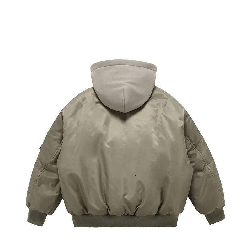 Fake Two Pilot Cotton Jackets Mens Winter New High Street Trend Thickening Hooded Bomber Coats Multiple Pockets Short Parkas Down Cotton