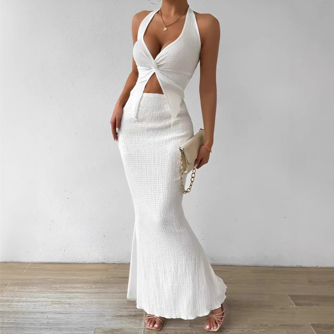 Fashion Women 2025 Summer Sexy Solid Color Hanging Neck Top Long Skirt Fashion Twopiece Set Tight And Elegant Twopiece Set 251017