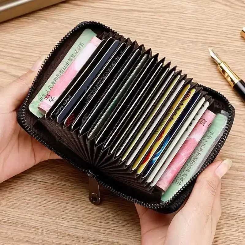 Multi Slot Card Holder Vintage Small Wallet Women Men Business Bank Credit Card Bag Male Coin Pouch Solid Leather Zipper WalletW251017