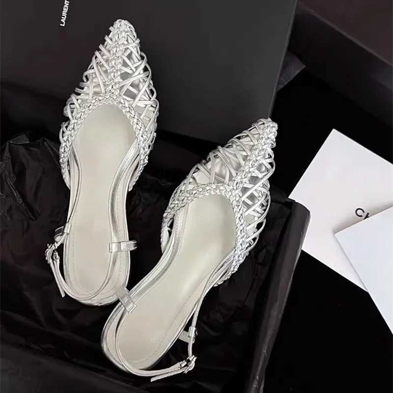 Elegant Green Openwork Woven Women Pumps Sexy Pointed Toe Square Heel Flat Sandals for Women Summer Fashion Comfort Beach Shoes Z251015