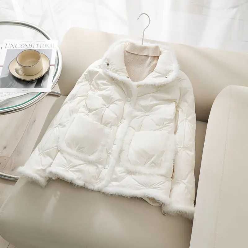 Mink Hair Embroidered Light and Thin Down Jacket for Womens Short Standing Collar Large Pocket Jacket Autumnwinter New Lingge W251016