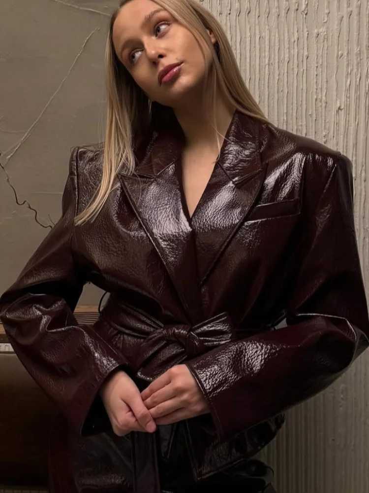 Womens Street PU Leather Jacket With Belt Slim Lace Up Lapel Long Sleeve Short Coat 2025 Autumn Vintage New Lady OuterwearT251017