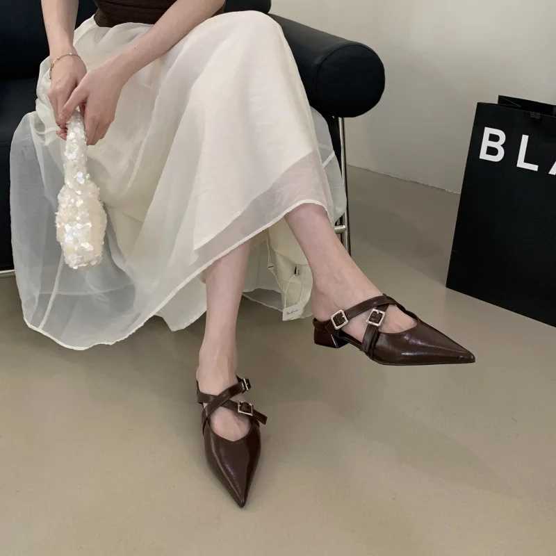Elegant Pointed Toe Low Heel Pumps Women Fashion Cross Tied Buckle Slide Sandals Comfort Commuter Office Shoes Zapatos De Mujer Z251015