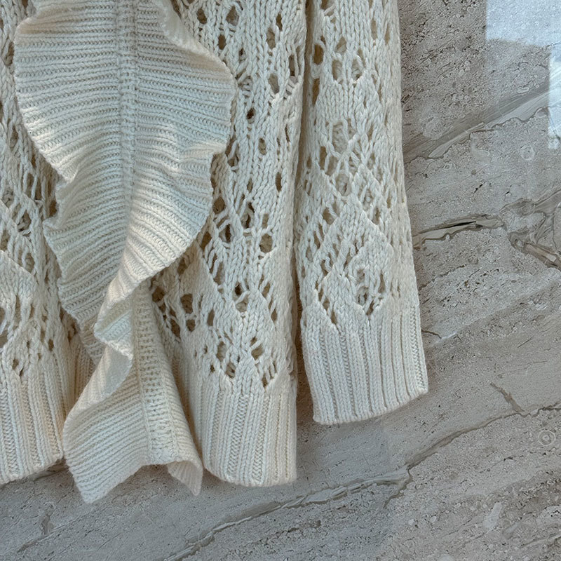 Luxury Women's Ruffle Neck Cashmere Blend Lace Knit Sweater Designer Beige Long Fit Turtle Neck Pullover Paris Fashion Detachable Collar Versatil