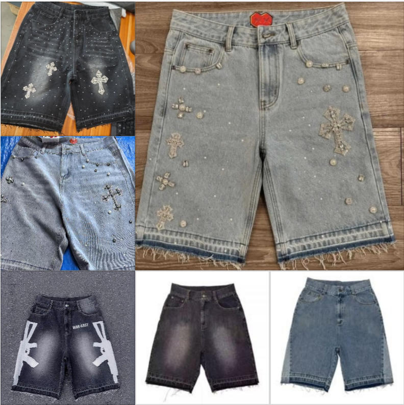 Men's Shorts American Street Embroidery High Waist Washed Denim Harajuku Retro Trendy Brand Oversized Jeans Men Y2k Goth Punk