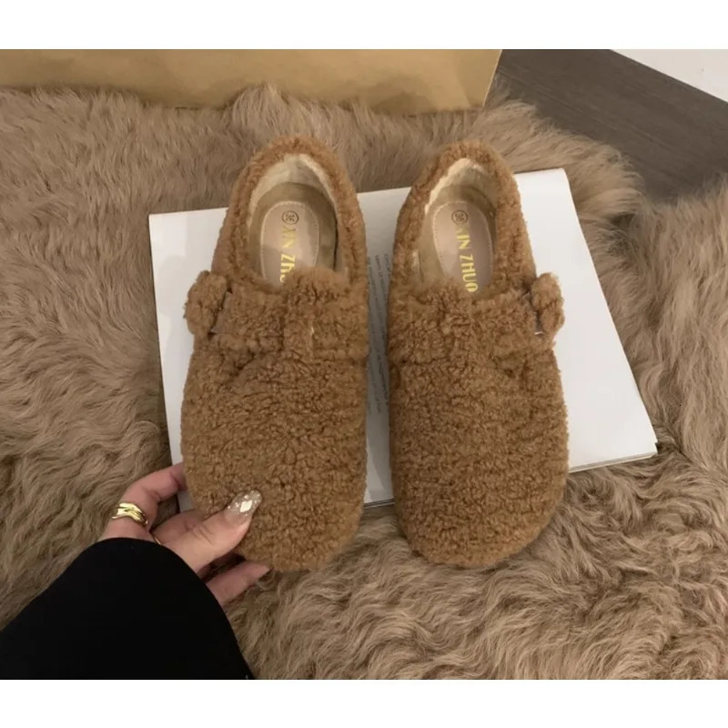 Style Fashion Womens Round Toe Wool Ballet Flats Ladies Fur Mary Jane Shoes Woman Winter Warm Plush Loafers 251013
