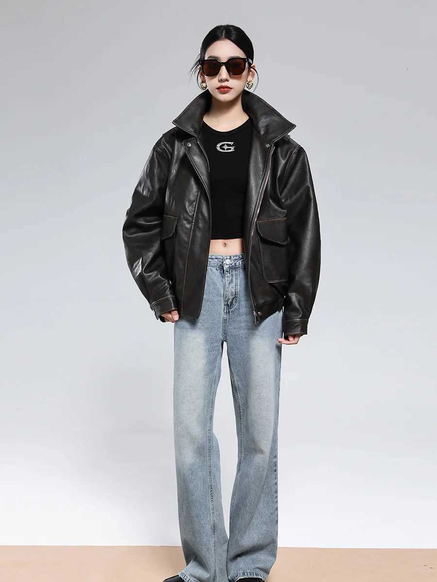 Lautaro Spring Autumn Cool Short Vintage Distressed Brown Pu Leather Jacket Women Turndown Collar Black American Retro ClothingT251017