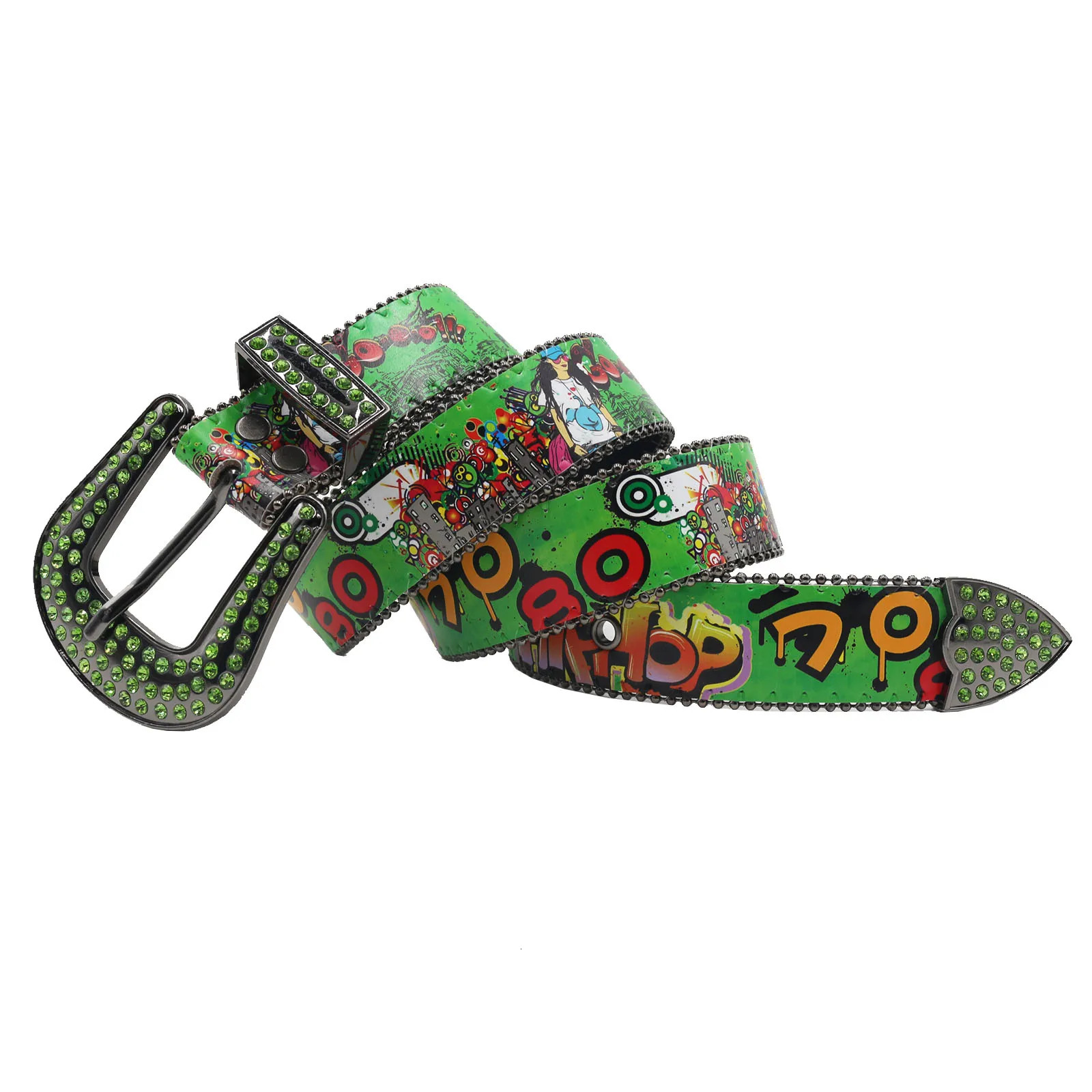 Shiny Pu leather belt Green Drip graffiti intersection Casual hip Hop allinone belt with rhinestone Ladies Fashion belt 251010