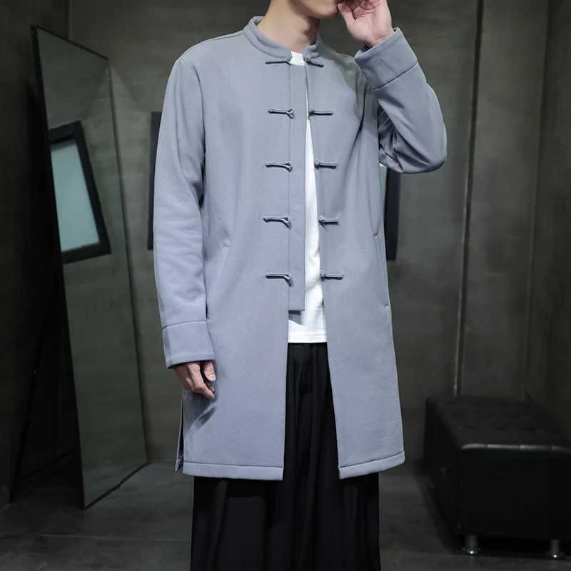 Chinesestyle Blue Long Jacket Mens Gray Singlebreasted Standup Collar Trench Coat Spring Fall Winter Top J251017