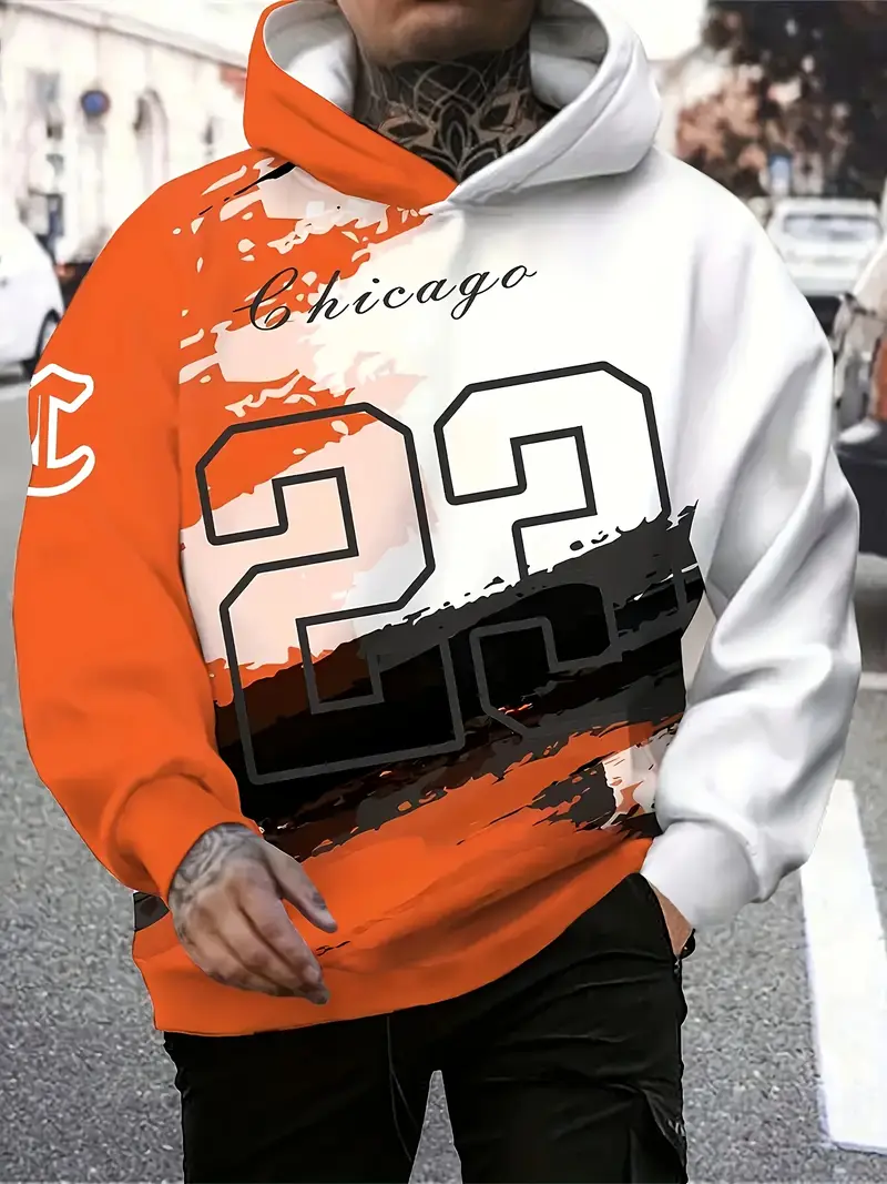 Unisex Color Block Pullover Hoodie Orange and White Oversized Streetwear Casual Sweatshirt for Men Women 2-2-1