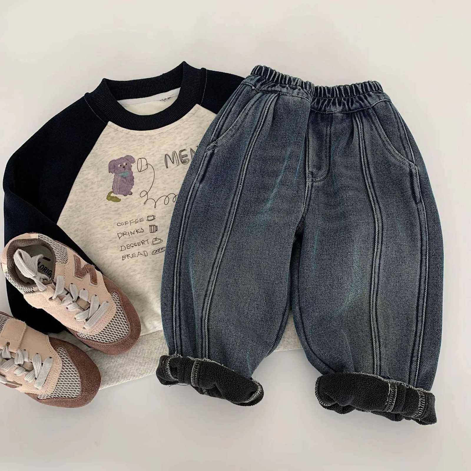 Toddler Kid Boy Jeans 2025 Winter Solid Color Children 38Y Boys Casual Thick Warm Trouser Elastic Waist Teenager Boy Harem PantT251017