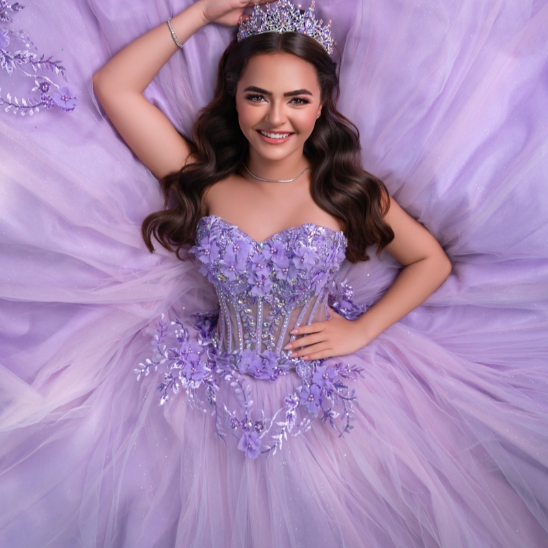 Lilac Shiny Quinceanera Dresses Off The Shoulder Applique Flower Beading Crystal Tull Party Birthday Sweet 16 Dres Vestidos 15 De Anos