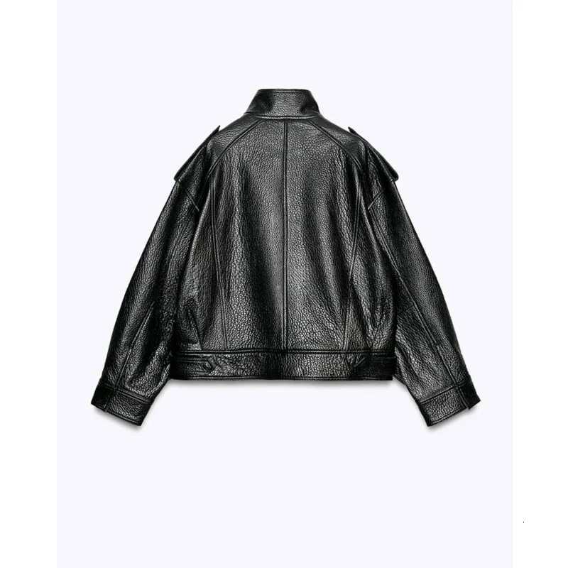 Fall New Womens High Collar Long Sve PU Leather Pilot Jaet Coat Commute Sle Loose Fit Polyester Fiber Zipper ClosureT251017