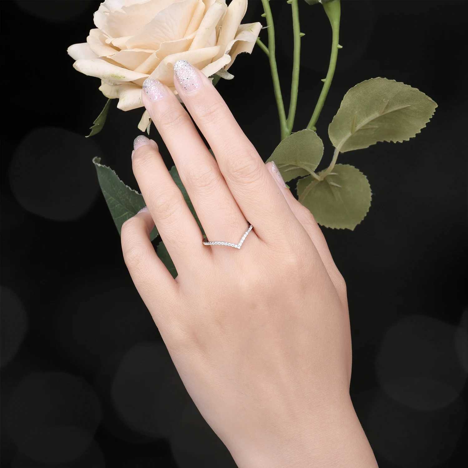 JewelryPalace 5A CZ V Half Eternity Stakable 925 Sterling Silver Wedding Band Ring for Woman Anniversary Gift Fine JewelryW251017